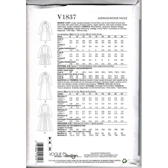 Vogue V1837 Misses 16 to 24 Double Breasted Flared Coat Uncut Sewing Pattern - Picture 2 of 2